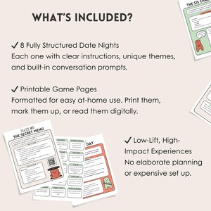 May include: A checklist of what's included in a date night kit. The checklist includes 8 fully structured date nights, printable game pages, and low-lift, high-impact experiences. The image also shows a sample game page with the title "The Secret Menu".