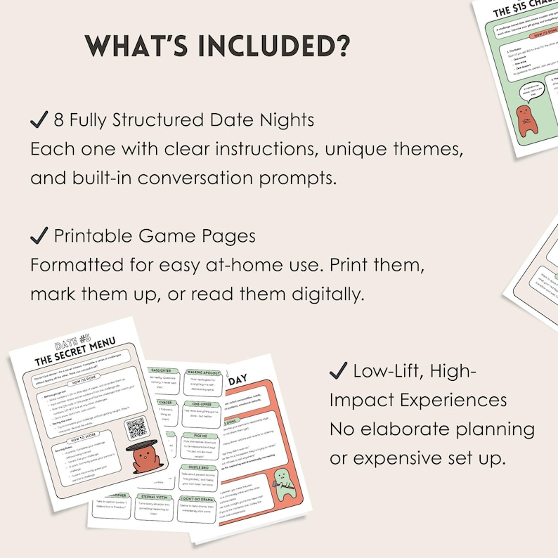 May include: A checklist of what's included in a date night kit. The checklist includes 8 fully structured date nights, printable game pages, and low-lift, high-impact experiences. The image also shows a sample game page with the title "The Secret Menu".