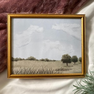 Framed Original Landscape Painting Vintage Gold Framed Hand Painted Watercolor Art Nature Living Room Wall Art Farmhouse Wall Art