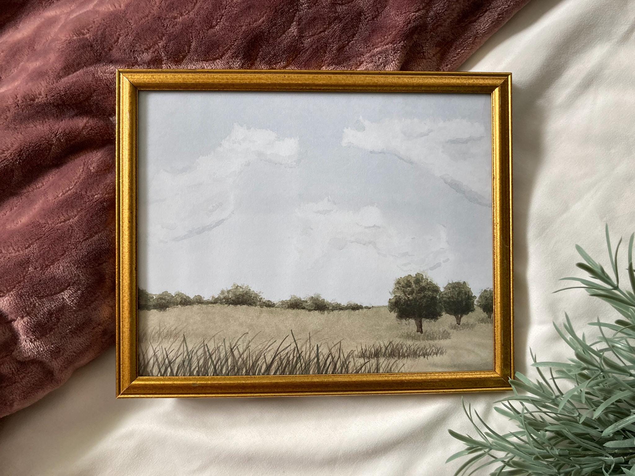 水彩画 自然の風景 ゴールドフレーム Framed Landscape Original Watercolor Painting: Vintage Gold Frame