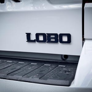 Può includere: Primo piano di un cassone di camion bianco con la parola "LOBO" nera in grassetto, a blocchi. Il cassone ha un gradino nero strutturato e un piccolo foro rotondo. La carrozzeria del camion è bianca.