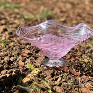 Italian Freeform Pink Swirl Blown Glass Bowl, Controlled Bubble Art Glass, Murano Style Vintage Centerpiece, 5&quot;x9.5&quot;