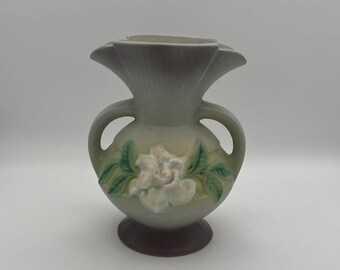 Roseville Pottery Gardenia Gray Base White Blossom Bulbous Vase 8.5&quot; Vintage Art Pottery 1940s USA