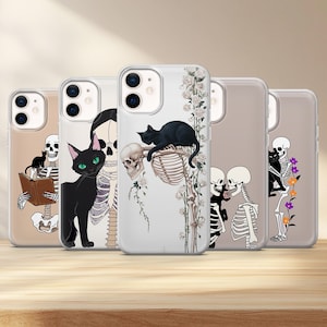 Skeleton Cat Phone Case Skull Cover for iPhone 16e, 15, 14, 13, 12, 11, XS & Samsung S25, S24, S23, S22, A55, A54, A16, A15 Pixel 9, 8, 7, 6