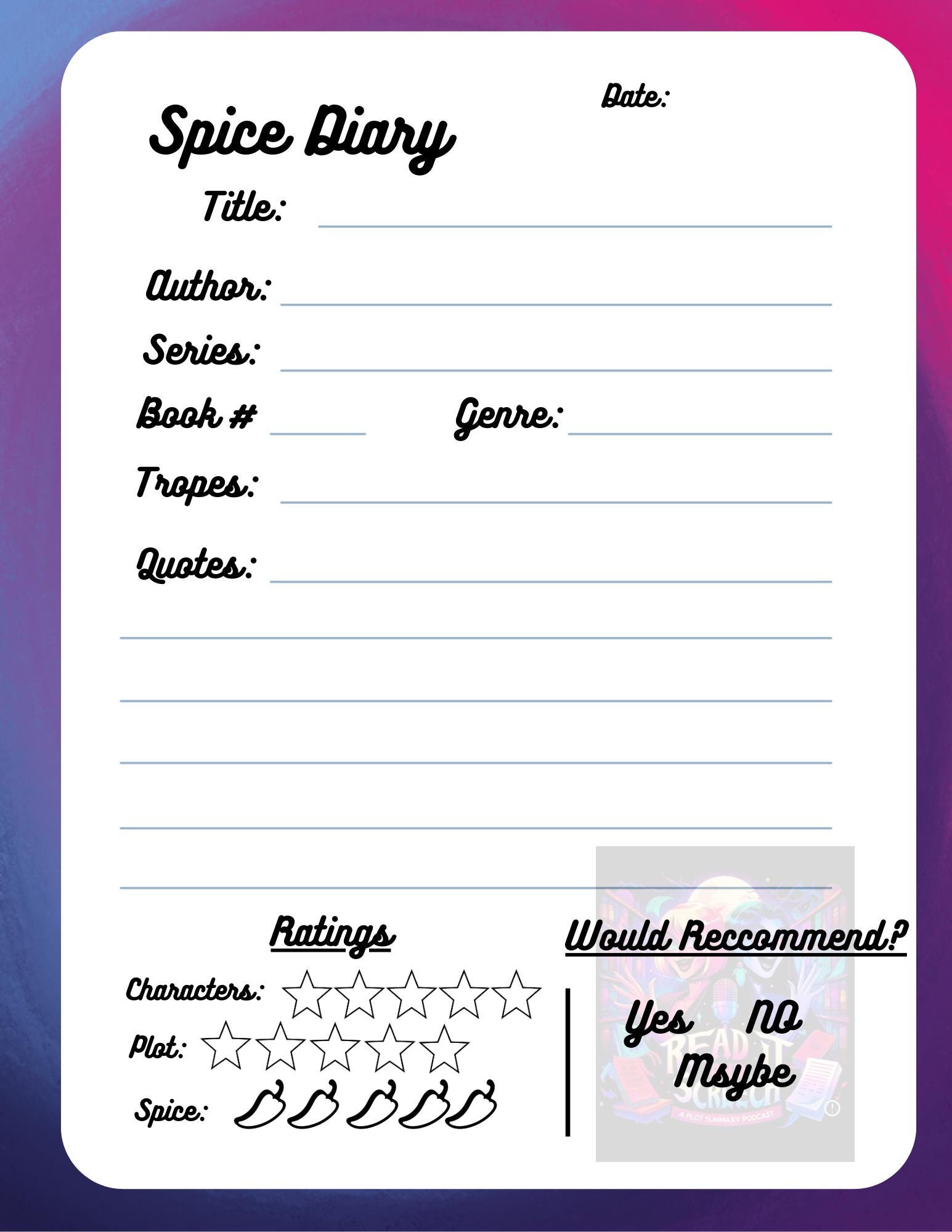 Reading Journal Template | Printable Book Tracker for Romance Fantasy ...