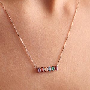 Baguette Birthstone Necklace, Personalized Gemstone Pendant, Custom Dainty Jewelry, Gold or Silver Necklace, Gift for Mom, Grandma, Her
