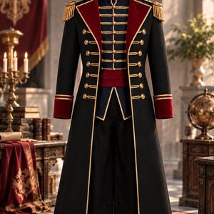May include: A long black military-style coat featuring a high collar, deep red velvet lapels, gold braided trim, and gold buttons. The coat includes gold shoulder epaulets with fringe, red cuffs, and a matching dark blue vest with gold piping.