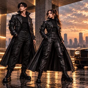 May include: Two individuals wearing long black leather trench coats over black shirts and black cargo trousers. Both are wearing black combat boots. The coats feature structured collars, multiple straps, and buckles on the sleeves. The attire is dark and utilitarian in design, showcasing a layered look with fitted trousers and heavy-duty footwear, set against a backdrop of a city skyline at sunset with a black luxury car.