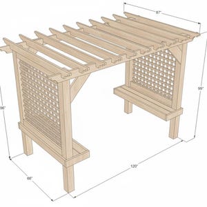 May include: A wooden pergola with lattice side panels and a slatted roof. The structure is 120 inches long, 99 inches high, and 66 inches wide. The roof is 87 inches wide and the side panels are 96 inches high.