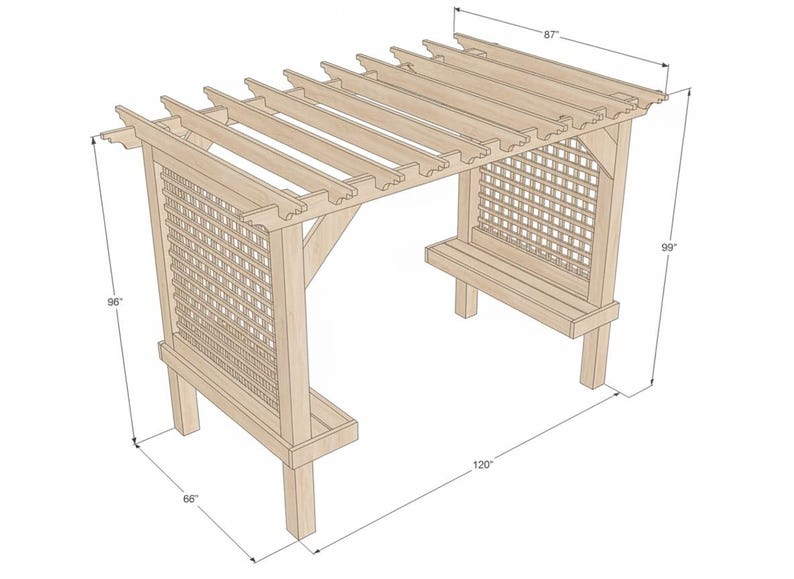 May include: A wooden pergola with lattice side panels and a slatted roof. The structure is 120 inches long, 99 inches high, and 66 inches wide. The roof is 87 inches wide and the side panels are 96 inches high.