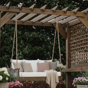 Op de afbeelding: Een houten schommel met een pergola-dak. De schommel heeft een wit kussen en diverse kussens. Een beige deken is over de schommel gedrapeerd. De constructie is omgeven door bloemen in potten en groen.