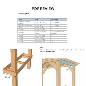 May include: A PDF review document with a shopping list for building materials. The list includes exterior decking screws, staples, posts, and various sizes of boards. The document also features diagrams and instructions for assembly.