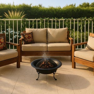 以下が含まれることがあります： 2人掛けソファ、アームチェア2脚、焚き火台を備えた木製パティオ家具セット。座席にはベージュのクッションとフクロウ柄の装飾枕があります。焚き火台は黒色で、火が燃えています。