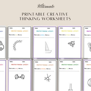 May include: A set of eight printable worksheets for children to practise creative thinking skills. Each worksheet features a simple black and white line drawing of an object and asks the child to identify what it is not and what it is. For example, one worksheet shows a sailboat and asks "This is not a sailboat, this is a..."
