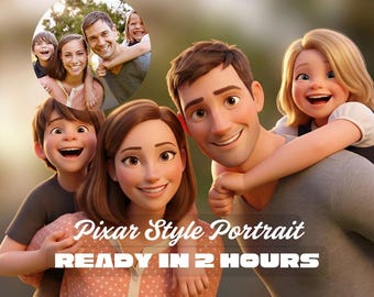 Custom Pixar Style Family Portrait, Animated 3D Digital Art