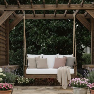 May include: A wooden swing with a white cushion and decorative pillows hangs from a wooden pergola. The swing is surrounded by potted plants with pink and white flowers, creating a relaxing outdoor space.