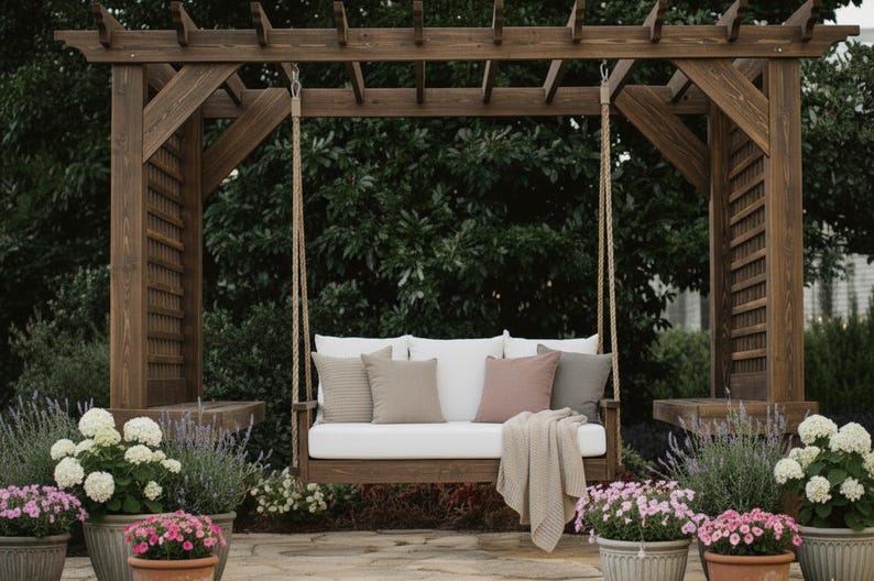 May include: A wooden swing with a white cushion and decorative pillows hangs from a wooden pergola. The swing is surrounded by potted plants with pink and white flowers, creating a relaxing outdoor space.