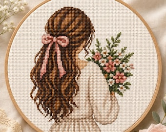 Sweet Blooms Cross Stitch Pattern PDF, Floral Girl Embroidery Pattern, Beginner Digital Download