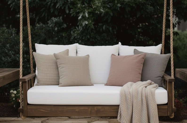 May include: A wooden swing with a white cushion and several throw pillows in shades of beige and pink. A beige blanket is draped over the edge. The swing hangs from thick rope and is set against a backdrop of green foliage.