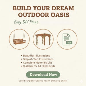 May include: An advertisement with the text "Build Your Dream Outdoor Oasis" and "Easy DIY Plans." The image includes illustrations of a wooden swing, a pergola, and a PDF icon. The ad promotes DIY plans with beautiful illustrations and step-by-step instructions.