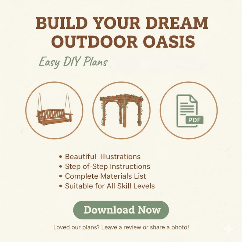 May include: An advertisement with the text "Build Your Dream Outdoor Oasis" and "Easy DIY Plans." The image includes illustrations of a wooden swing, a pergola, and a PDF icon. The ad promotes DIY plans with beautiful illustrations and step-by-step instructions.