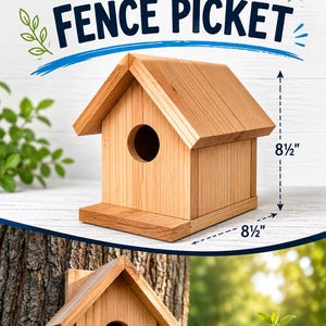 Op de afbeelding: Een vogelhuisje van natuurlijk cederhout met een zadeldak en een rond invlieggat. Het vogelhuisje is 21,59 cm hoog en 21,59 cm breed. De tekst "DIY BIRDHOUSE FROM ONE CEDAR FENCE PICKET" staat boven het vogelhuisje afgebeeld.