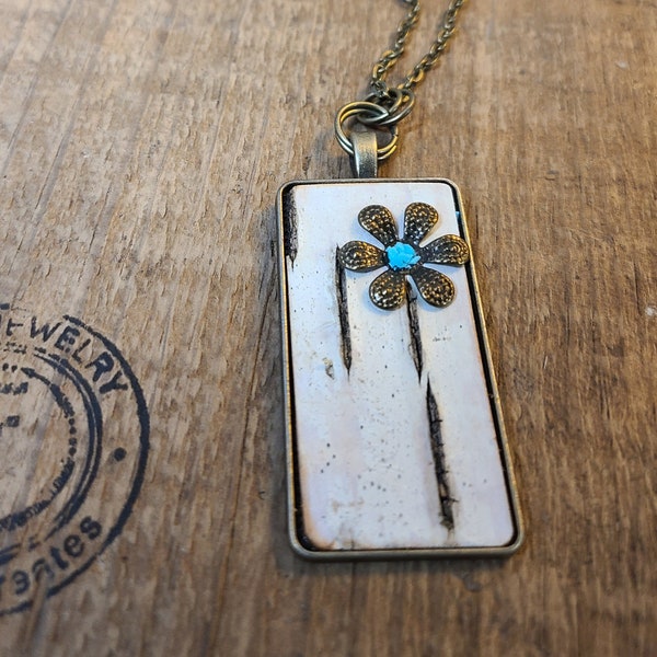 Flower Turquoise with Natural Birch Bark, Wisconsin North Woods Nature Necklace. Natural Jewelry, Unique, creative,  Gift, WI USA made.