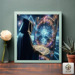 Op de afbeelding: Een ingelijste digitale kunstprint met een figuur in een gewaad die uitkijkt op een gedetailleerd, gloeiend scherm met hemelse en geometrische ontwerpen. Het kunstwerk heeft een donker, mystiek thema met levendige blauw-, paars- en goudtinten. De lijst is lichtgroen.