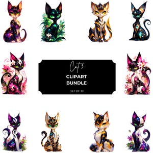 Op de afbeelding: Een verzameling van tien gestileerde kattenillustraties in verschillende kleuren en patronen. De katten hebben grote ogen en zijn versierd met bloemen en geometrische ontwerpen. De tekst "Cat 3 CLIPART BUNDLE SET OF 10" staat op een zwarte banner.