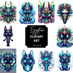 Op de afbeelding: Een set van tien digitale illustraties met gestileerde Egyptische karakters. De karakters zijn weergegeven in levendige kleuren, waaronder blauw, groen en paars, met ingewikkelde details. De tekst "Egyptian Clipart Set" wordt op een zwarte achtergrond weergegeven.