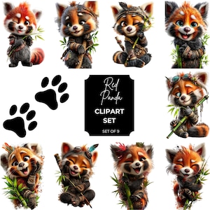 Red Panda Whimsical Clipart Collection - Playful Cartoon Characters for Instant Download and Digital Design