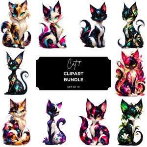 Op de afbeelding: Een set van tien gestileerde katten-clipartafbeeldingen. Elke kat heeft unieke kleurenpaletten en patronen, met levendige tinten blauw, roze, oranje en groen. De katten hebben grote ogen en decoratieve details. De tekst op de afbeelding luidt "Cat Clipart Bundle Set of 10."