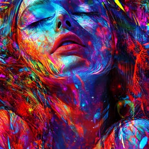 Puede incluir: Un retrato abstracto colorido de una persona con los ojos cerrados. El rostro y el cabello de la persona están pintados en tonos vibrantes de azul, rojo, amarillo y verde.