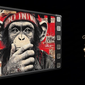 May include: A black filmstrip-shaped frame displays a pop art style image of a chimpanzee wearing a red headband. The chimp covers its mouth with its hand. The background is red with graffiti. The Kiss-o-Gram logo is on the right.