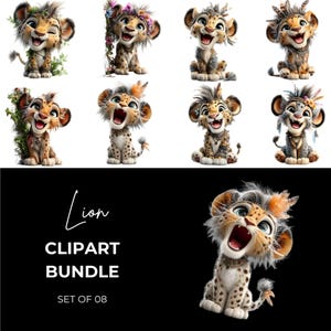 Op de afbeelding: Een clipartbundel met acht cartoon leeuwenwelpen met diverse accessoires. De welpen hebben verschillende uitdrukkingen en zitten. De tekst "Lion" en "CLIPART BUNDLE SET OF 08" wordt weergegeven op een zwarte achtergrond.