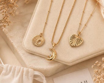 Crescent Moon Necklace |  Heart Necklace Pendant | Seashell Necklace, 18K Gold Plated, Gold Necklace, Tarnish Resistant Stainless Steel