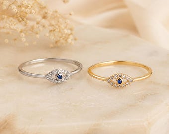 Evil Eye Ring – Sterling Silver Dainty Gold Evil Eye Ring, Protection Jewelry, Minimalist Everyday Ring, Gift for Her, Minimlist Ring