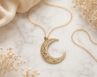 Shahada Moon Pendant Necklace | 18K Gold Plated Islamic Calligraphy Jewelry, Tarnish Resistant La ilaha illa Allah.