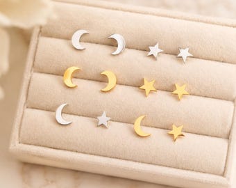 Crescent Moon Pair Earrings – Crescent Moon Stud, Dainty Crystal Moon Earrings, Gold Celestial Jewelry, Minimalist Crescent Earring