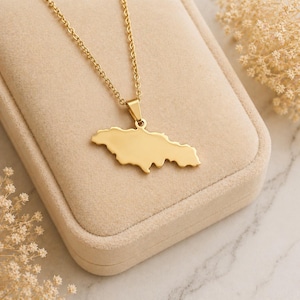 May include: A gold-colored necklace featuring a pendant in the shape of Jamaica. The pendant hangs from a delicate chain and is displayed on a beige jewelry box. The necklace is a simple, elegant design.
