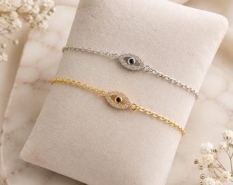 Evil Eye Bracelet – Sterling Silver Dainty Gold Evil Eye Pendant, Protection Jewelry, Minimalist Everyday Bracelet, Gift for Her