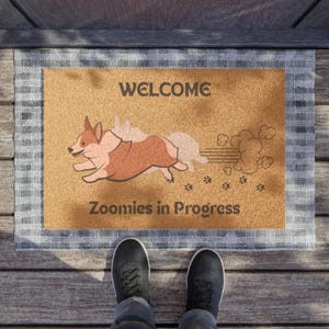 Welcome Doormat, Zoomies in Progress Cute Corgi Design Pet Lover Gift, Home Decor Front Porch Mat Dog Enthusiast Décor, Eco-friendly doormat