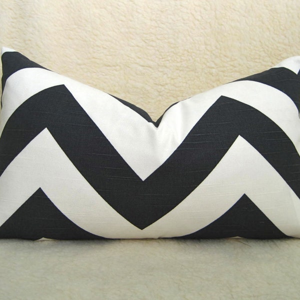 Grande Chevron Print Decorative Designer Pillow - Black & White - 12x20 inch - BOTH SIDES - Zig Zag Pillow - Accent Pillow