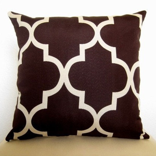 SALE - Moroccan Quatrefoil Lattice Decorative Designer Pillow Cover - Java Brown and Ivory - 18 inch - Decorative - Throw Pillow - LATTICE