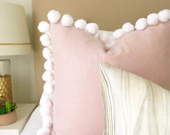 Pom Pom Blush Linen Pillow Cover - Blush Pillow - Rose Pillow - Pink Pillow - Light Pink Pillow - Decorative Pillow - Designer Pillow - Pink
