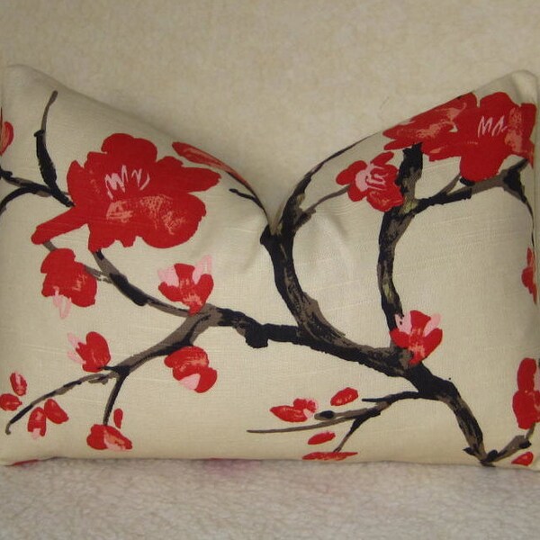 Cherry Blossoms Lumbar Pillow / Red and Chocolate / 12x18 / Zipper Enclosure