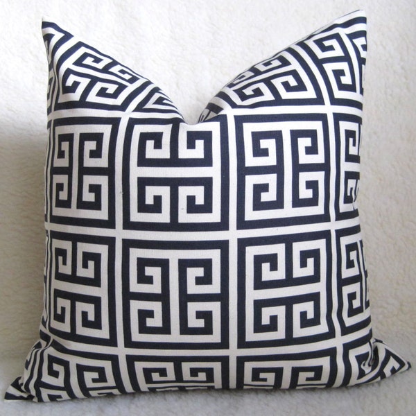 Designer Decorative Greek Key Pillow Cover - Squares - Navy Blue and Cream - BOTH SIDES - Decorative Pillow - Throw Pillow - Navy Pillow