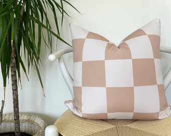 CHECK Velvet Pillow Cover - Warm Tan and White - Checkered Squares Pillow - Blush Pillow - Neutral Pillow - Tan pillow