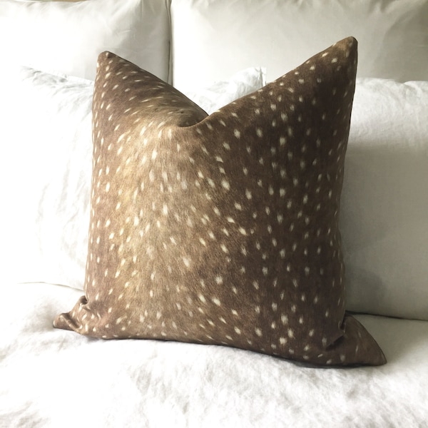 Deer Print Pillow Cover - Tan Faux Fur Design, Linen or Velvet
