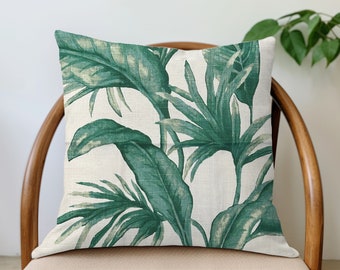 Linen Palm Pillow Cover - Green and Off White